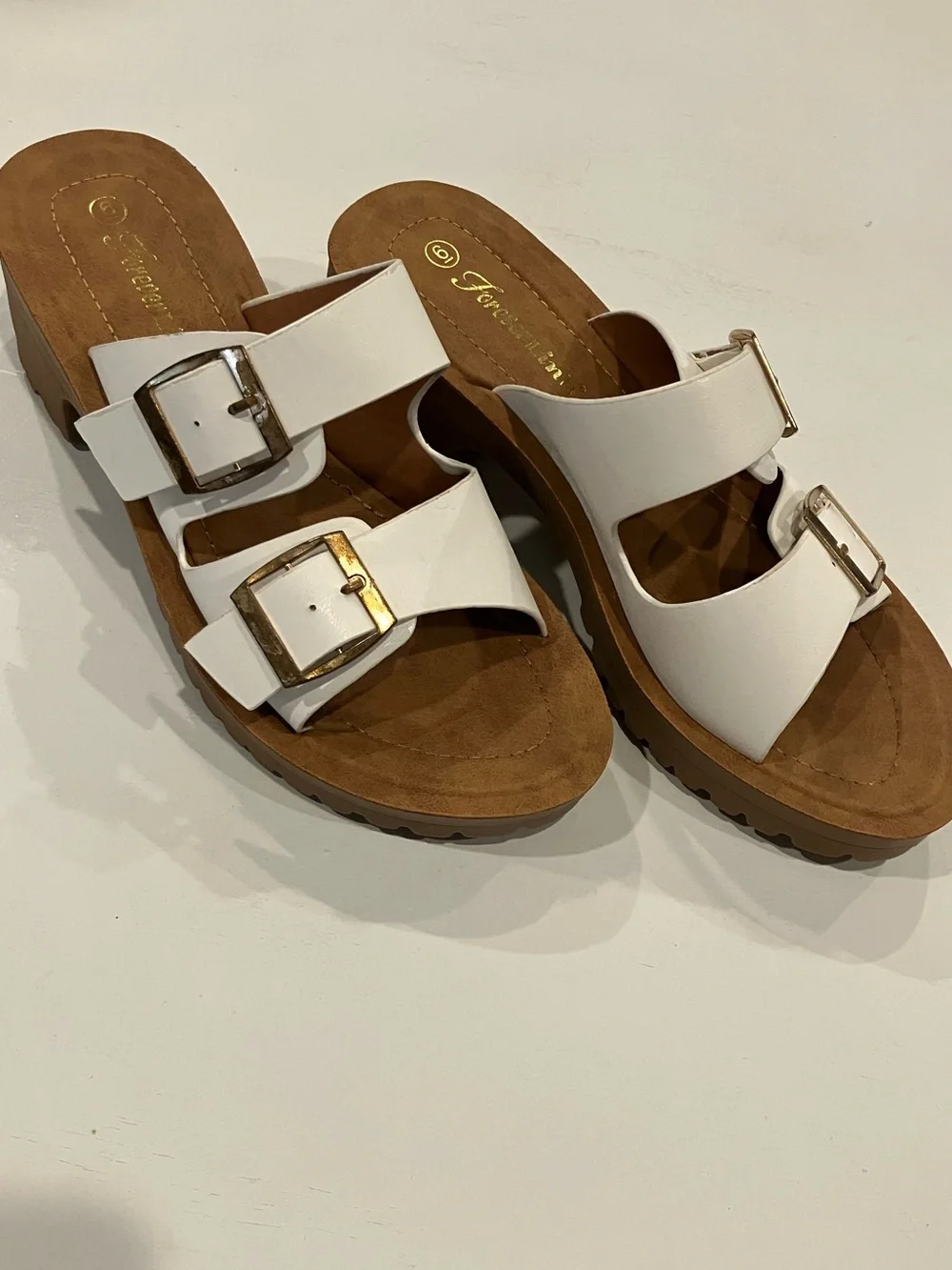 White Buckle-Detail Slide Heels